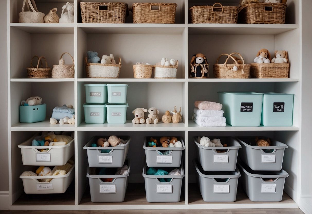 A neatly organized baby room with labeled storage bins and shelves for toys, clothes, and diapers
