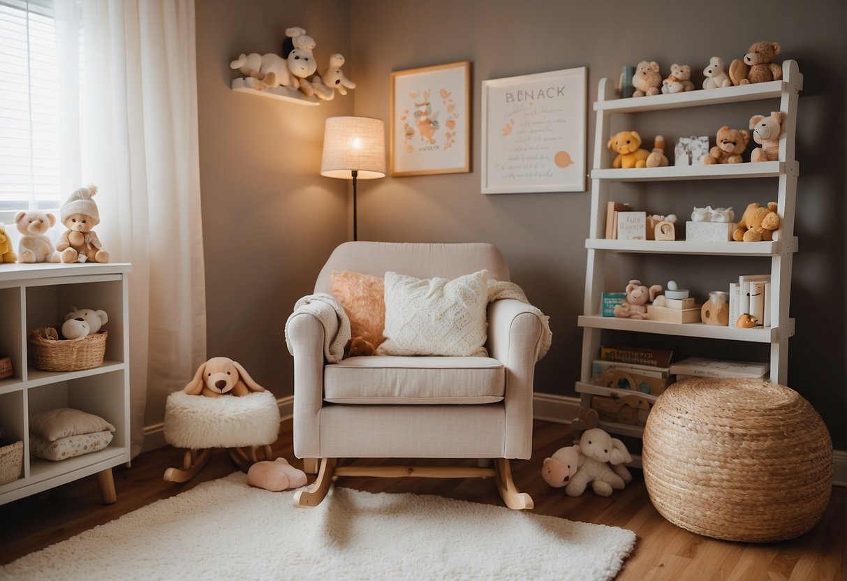 A cozy baby room with soft lighting, a rocking chair, and a changing table. Books and toys are neatly organized on shelves
