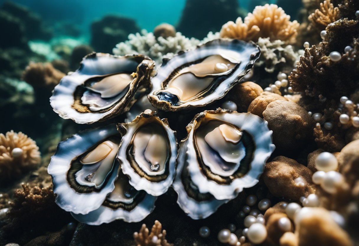 A serene underwater scene featuring oysters nestled among coral, with shimmering pearls of various shapes and colors emerging from their shells