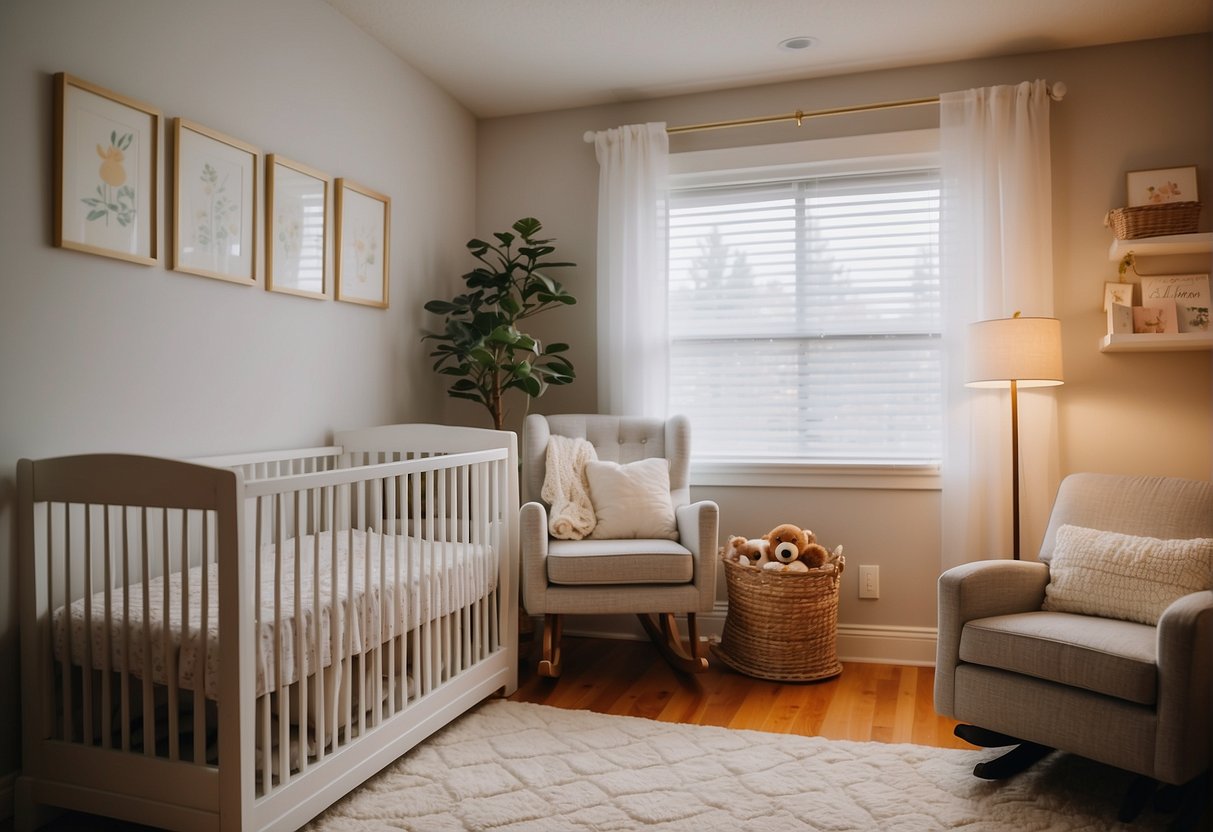 A cozy nursery with a crib, changing table, and soft lighting. Shelves are filled with baby essentials and a rocking chair sits in the corner