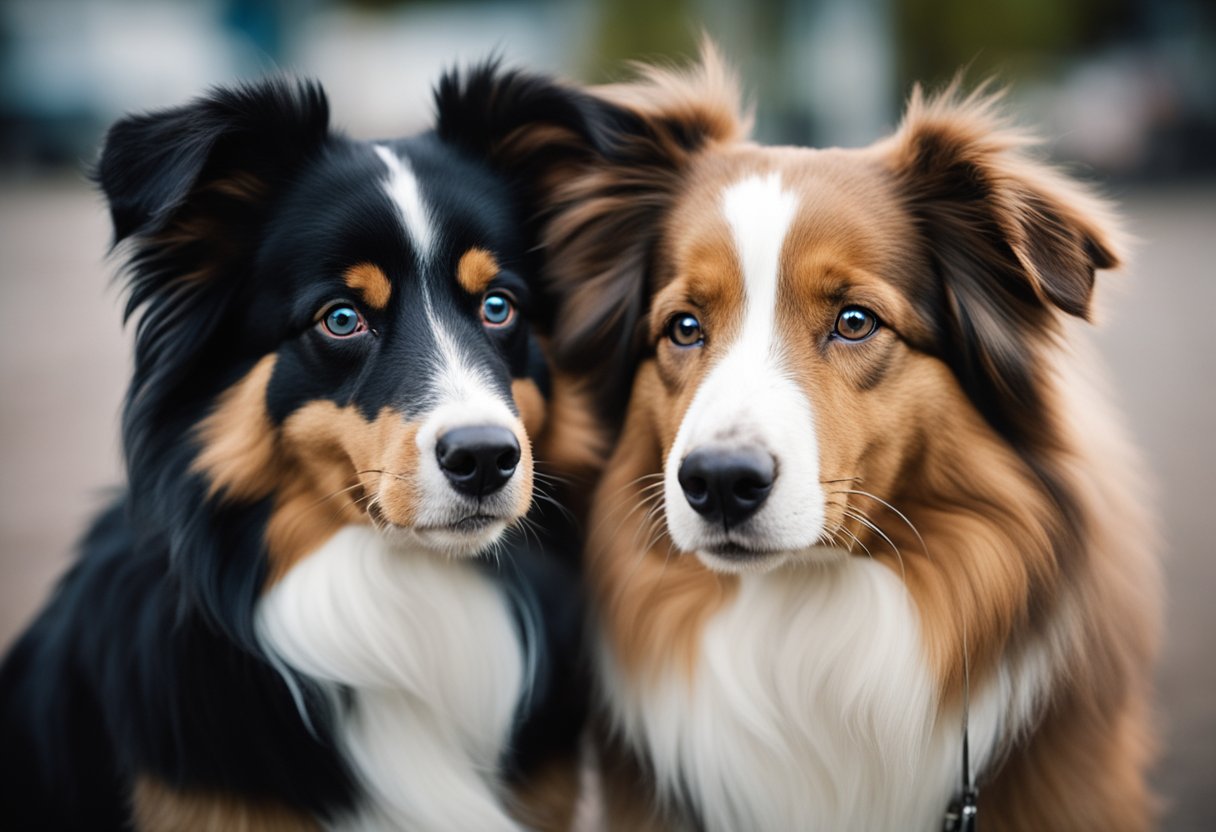 An Australian shepherd and a Shetland sheepdog stand side by side, with a price tag attached to each of them, symbolizing the comparison of their acquisition cost