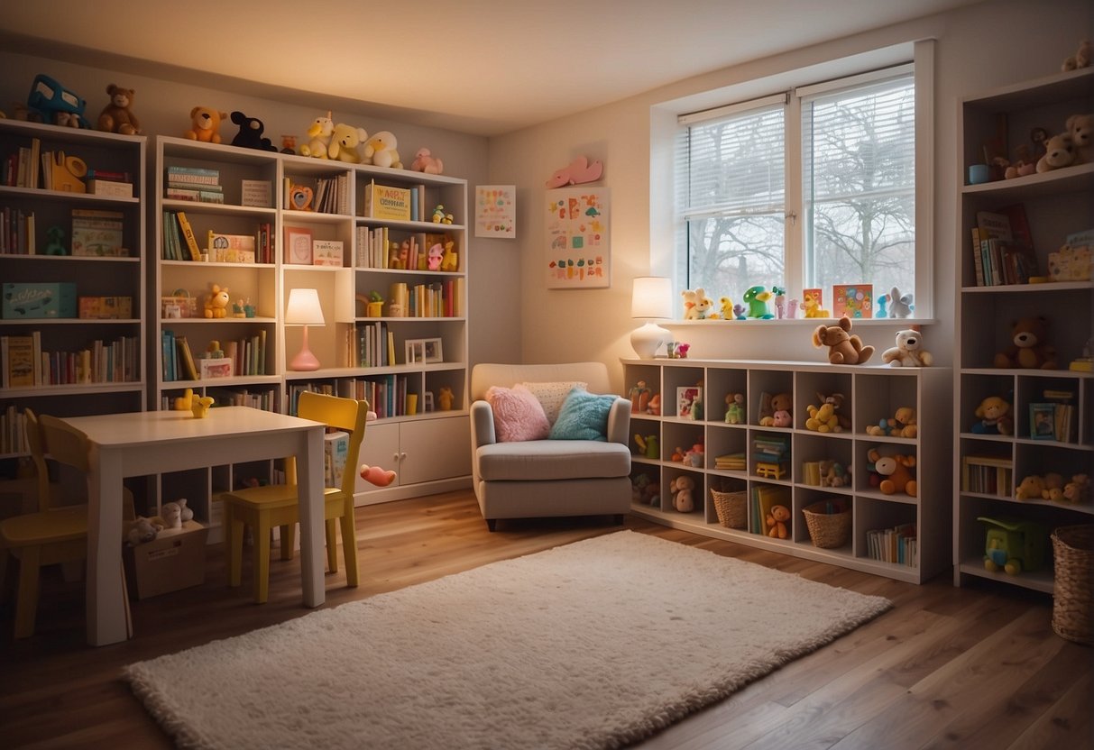 A cozy baby room with soft lighting, colorful toys, and a comfortable play mat. Bookshelves filled with children's books and a small table for arts and crafts activities