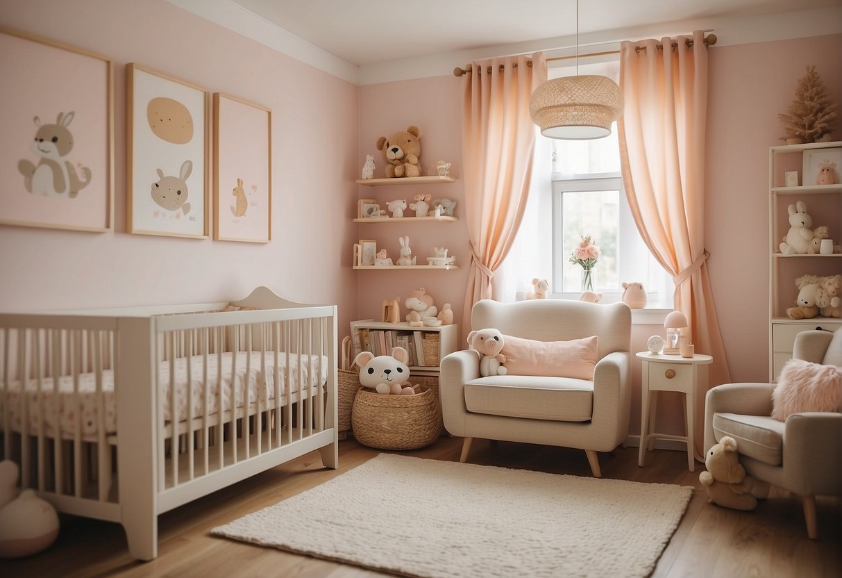 A cozy nursery with budget-friendly decor items and smart storage solutions. Soft pastel colors and cute animal motifs create a warm and inviting atmosphere