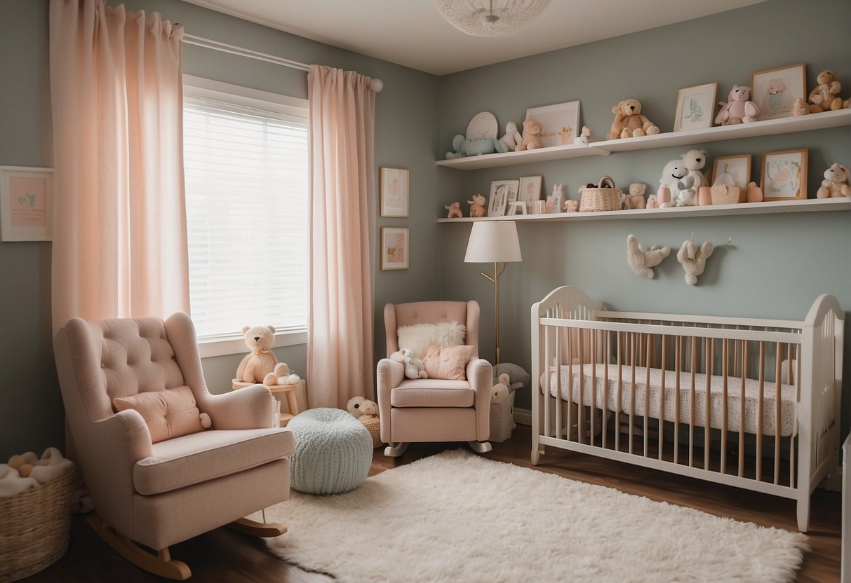 A cozy nursery with soft pastel colors, a rocking chair, and shelves filled with baby books and toys. A crib with a mobile hanging above, and a changing table with neatly folded baby clothes
