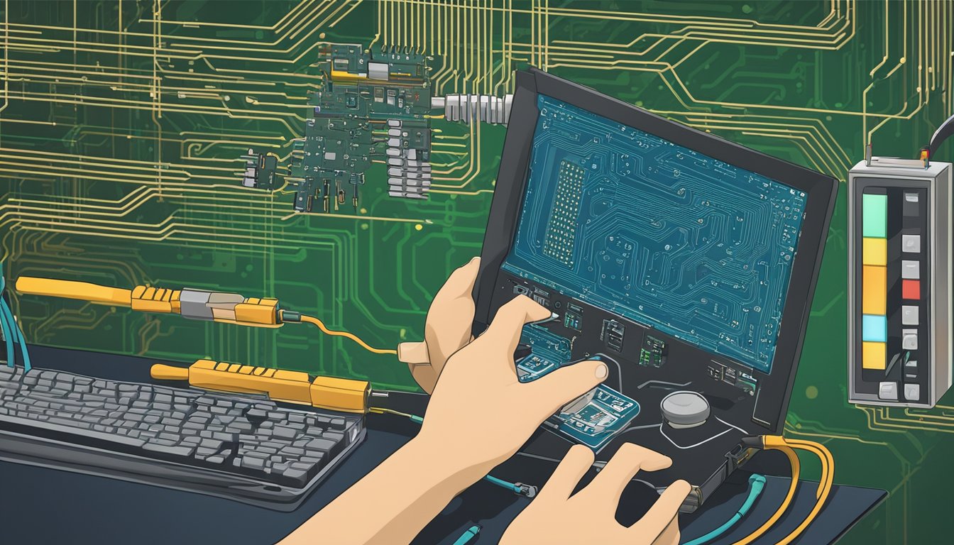 A hand holding a tool, connecting wires to a circuit board, with a computer screen displaying code in the background