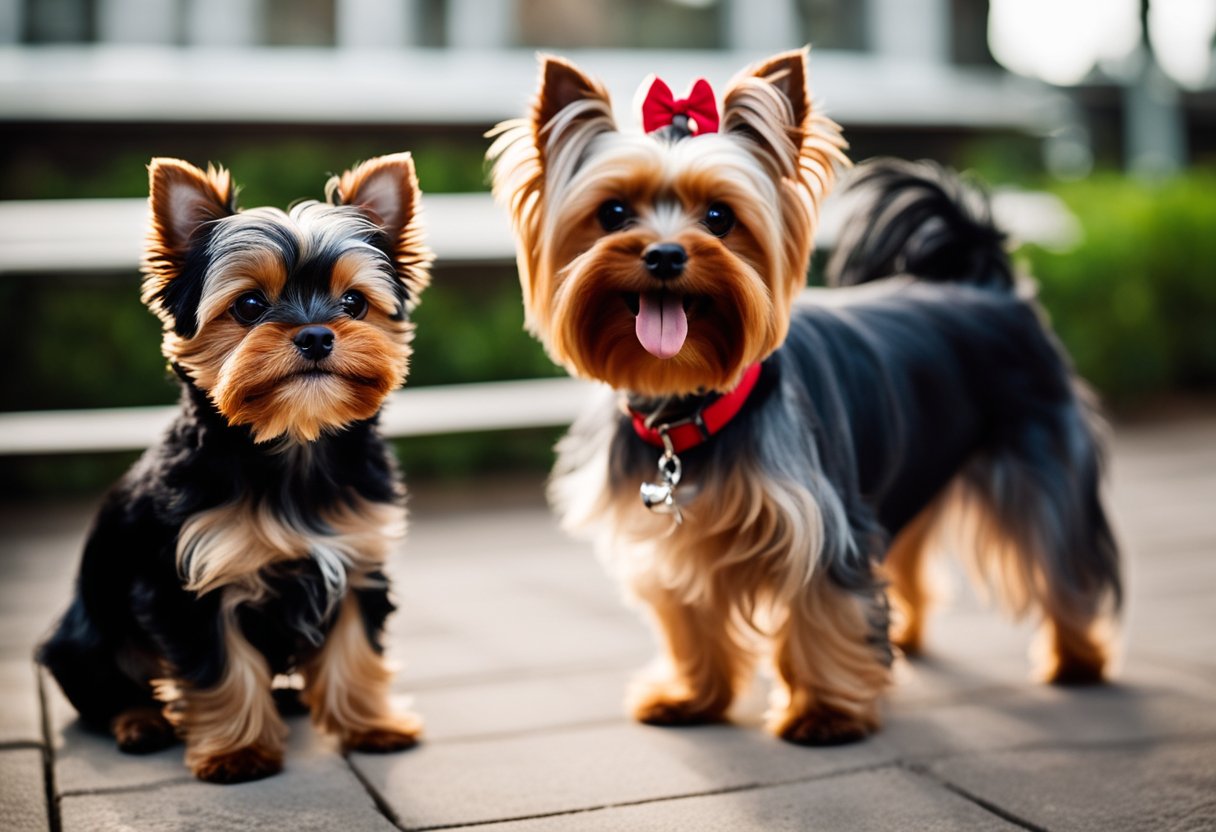 A Yorkie Poo and Yorkshire Terrier face off in a playful stance, tails wagging, with a look of curiosity and excitement in their eyes