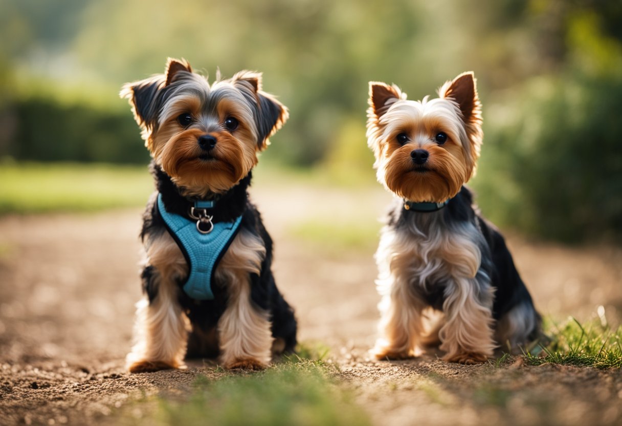 A yorkie poo and a yorkshire terrier stand side by side, showcasing their different physical characteristics and sizes