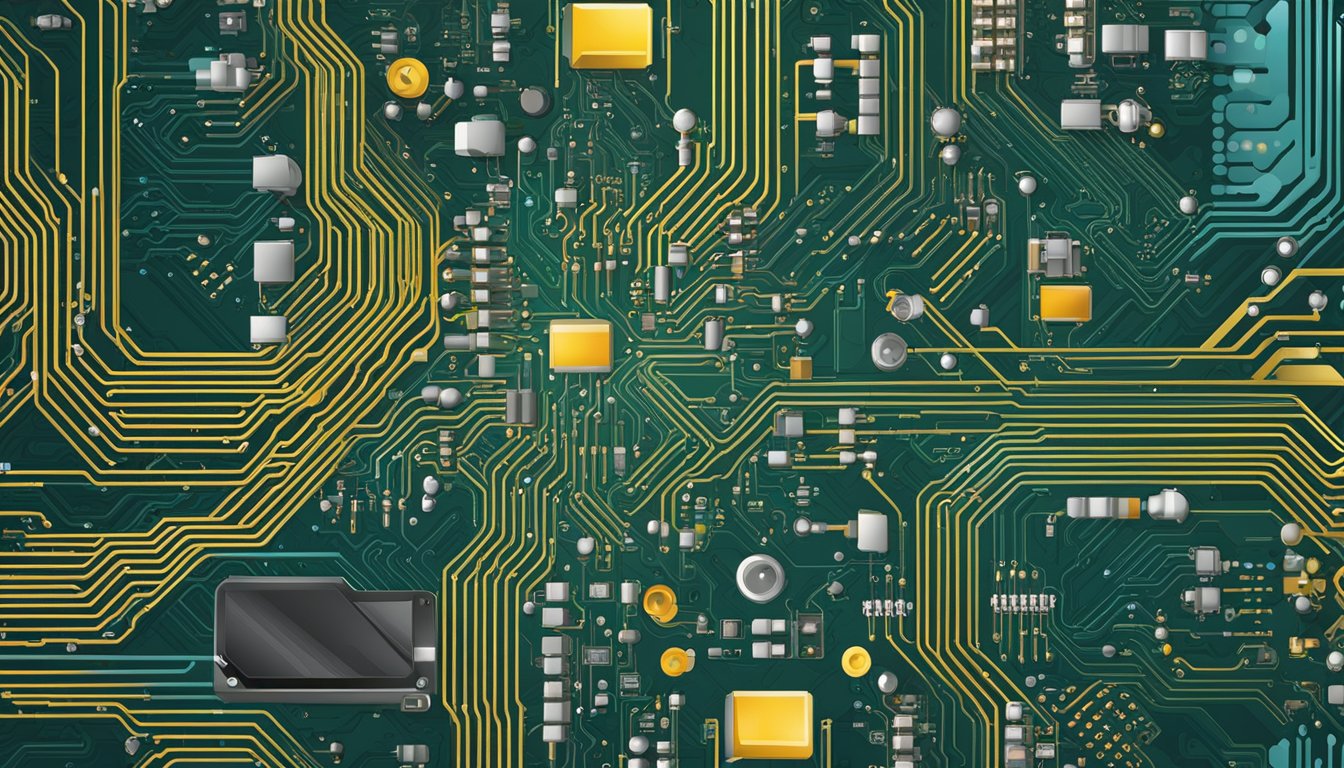 A complex circuit board with various components interconnected, showcasing advanced technical details