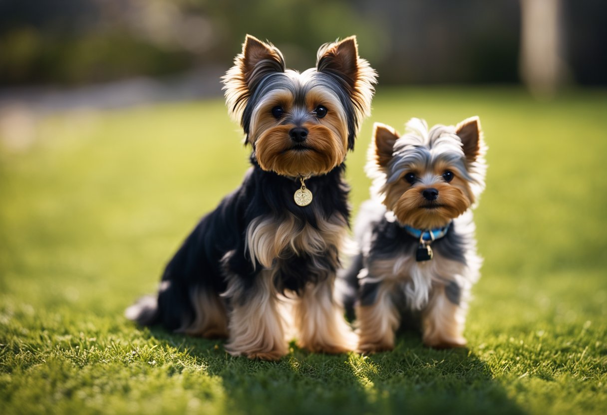 A yorkie poo and a yorkshire terrier stand side by side, showcasing their differences in size, fur texture, and facial features