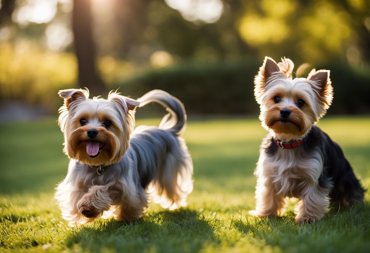 A yorkie poo and yorkshire terrier play in a sunny park, showing their energy and vitality. The yorkie poo appears more active, while the yorkshire terrier exudes elegance and grace
