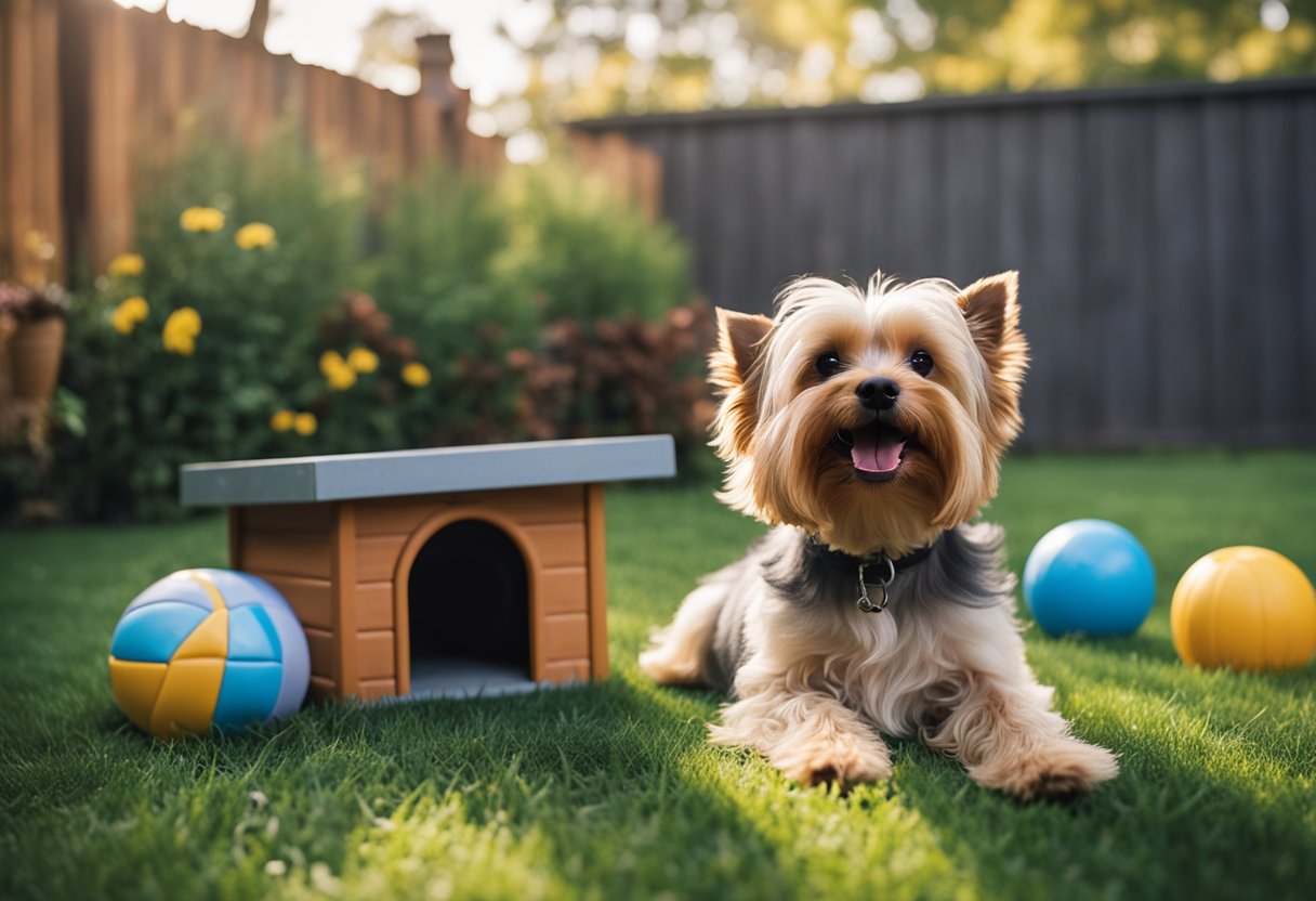 A Yorkie Poo and a Yorkshire Terrier playing in a fenced backyard, with a small dog house and toys scattered around