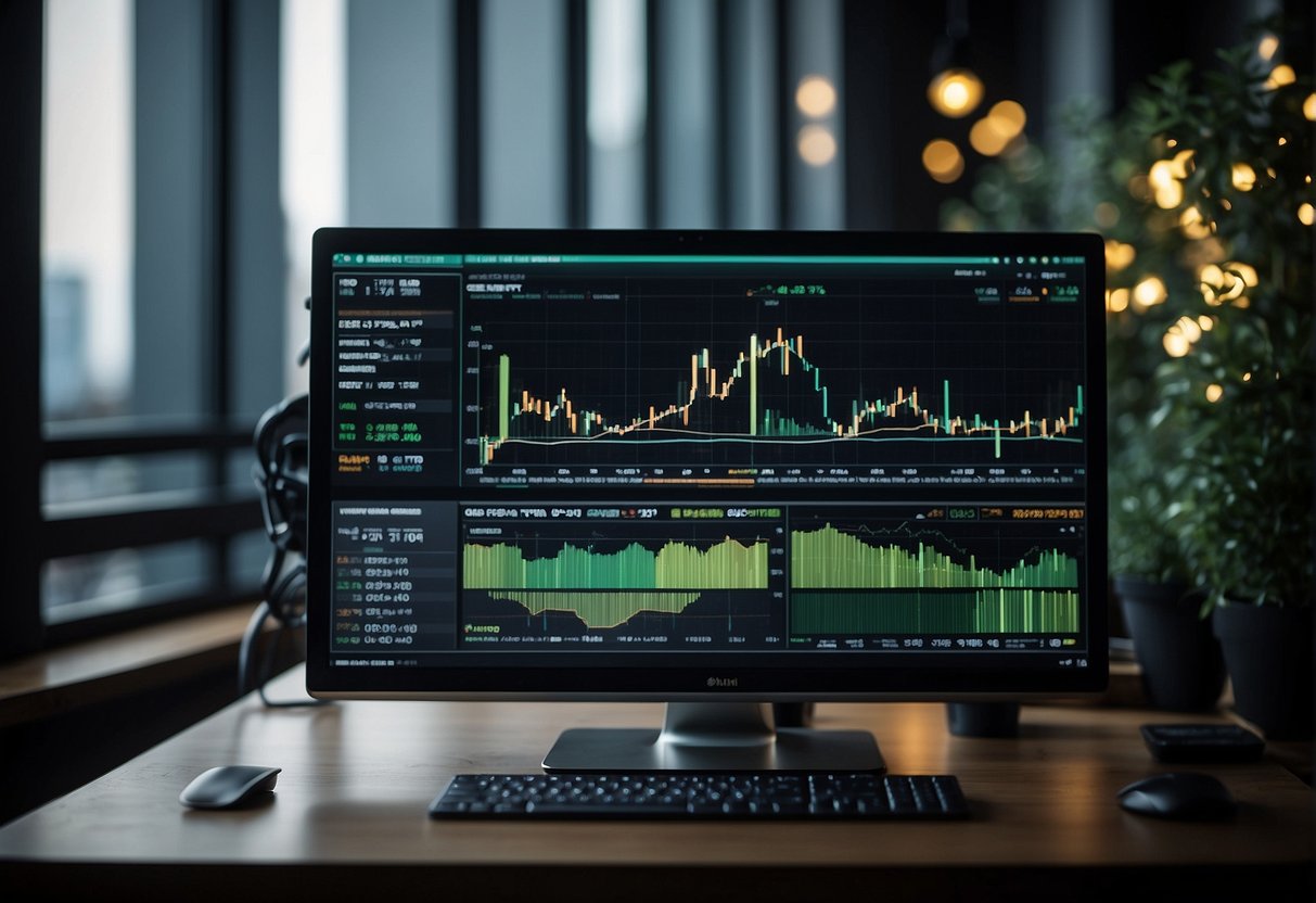 A computer screen displays real-time trade data with charts and graphs, while a predictive analytics software analyzes and generates post-trade strategies