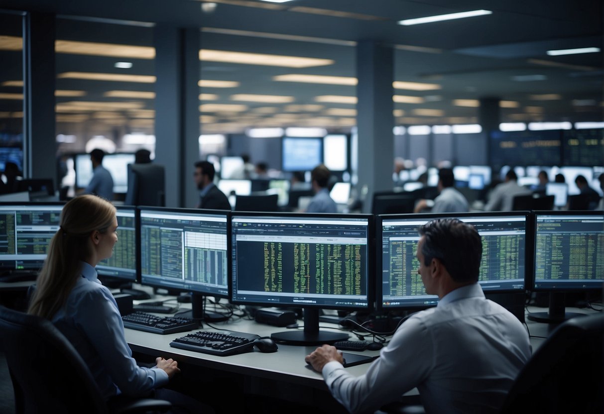 A bustling trading floor with data analysts inputting numbers into predictive analytics software, while compliance officers review reports for regulatory adherence