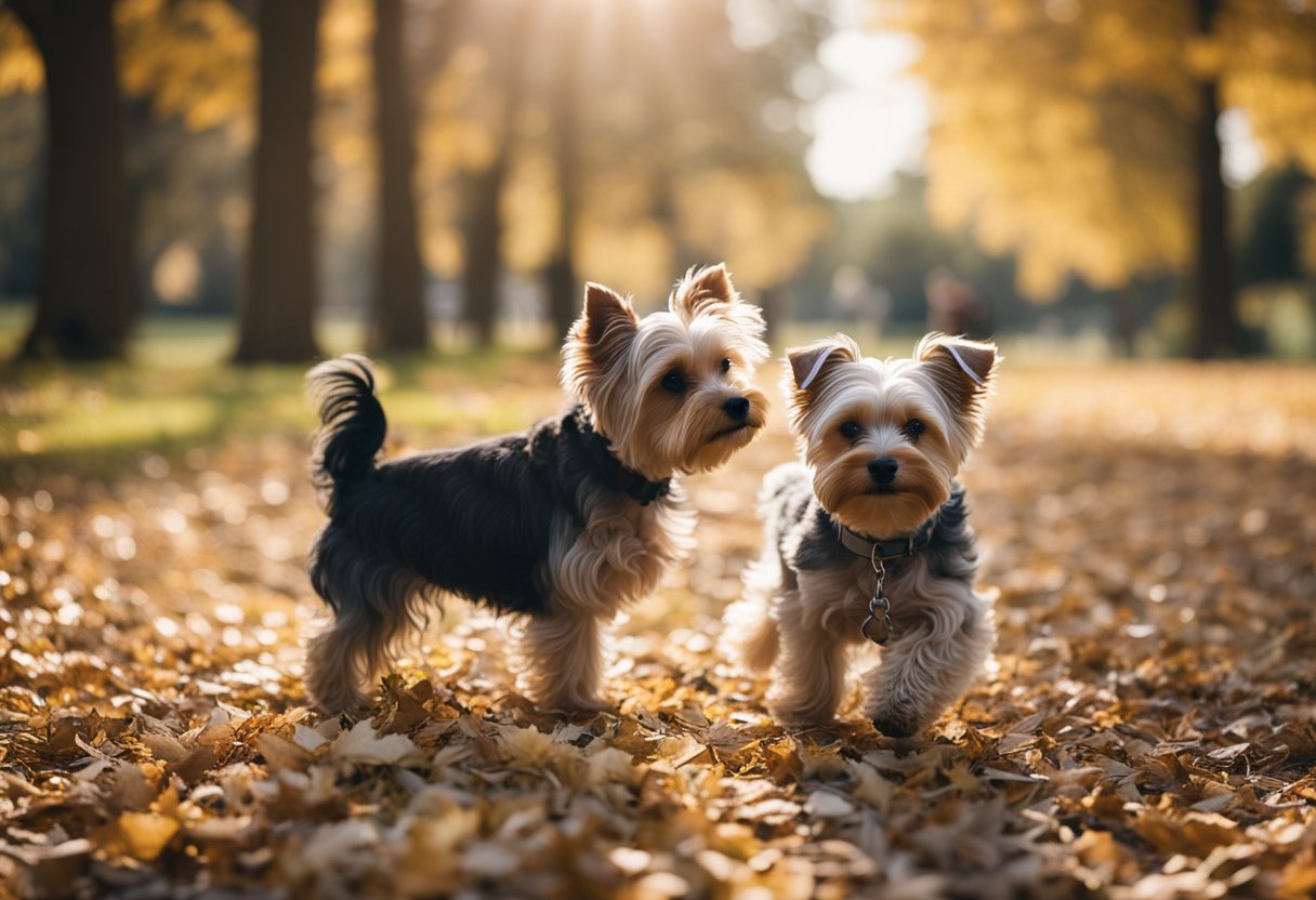 A yorkie poo and a yorkshire terrier playing together in a park, surrounded by families with children and other pets