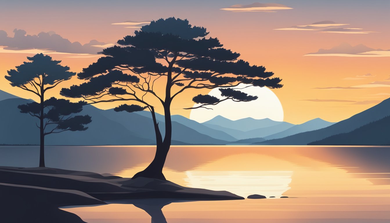 A sun setting behind a mountain, casting long shadows across a tranquil lake, with a lone tree standing tall on the shore