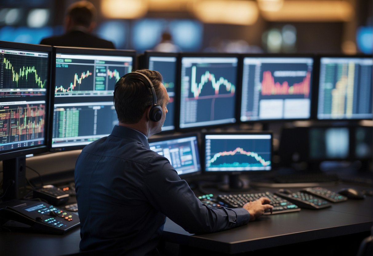 Traders monitor screens as real-time compliance regulations impact post-trade markets. Data flows, charts, and alerts fill the trading floor