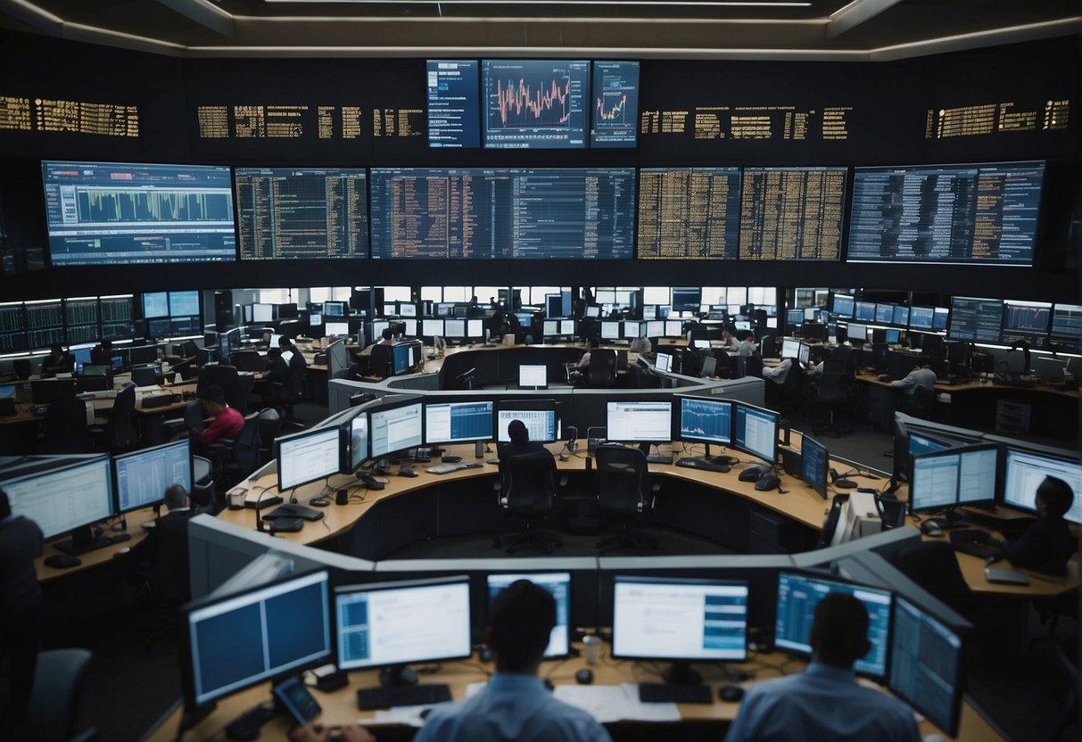 A bustling trading floor with digital screens displaying real-time compliance data, while traders and brokers work diligently to process post-trade transactions