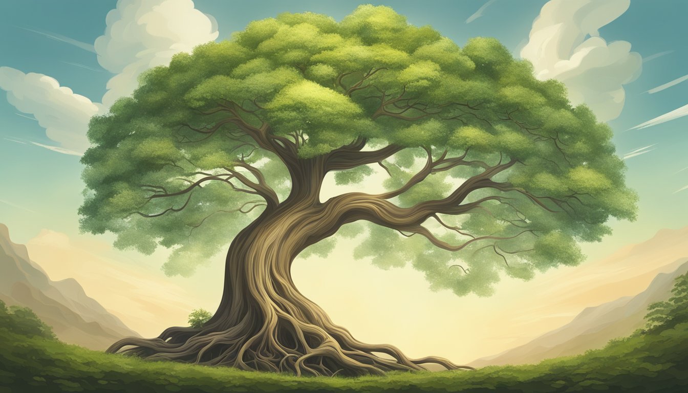 A flourishing tree symbolizing career growth and opportunities, with roots firmly planted and branches reaching towards the sky
