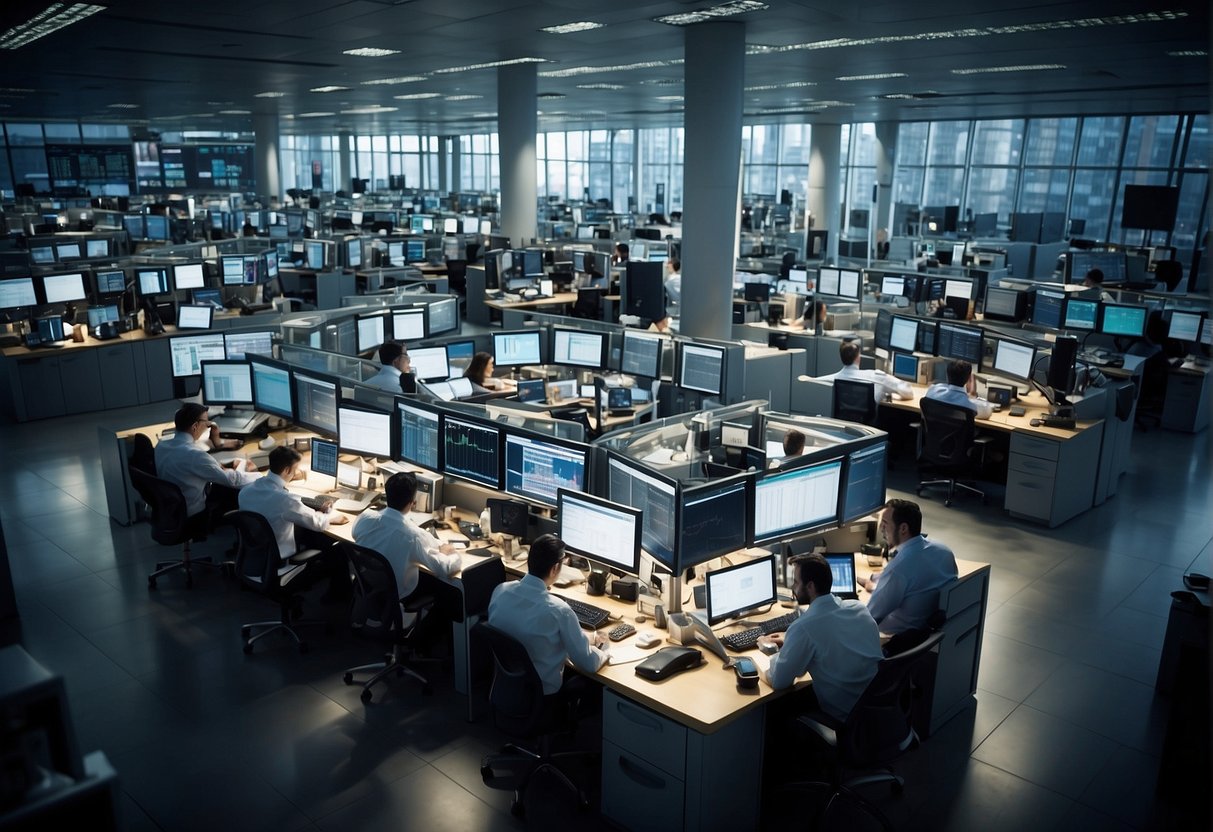 A bustling trading floor with streamlined processes and reduced expenses. Compliance checks happening in real-time, optimizing post-trade operations