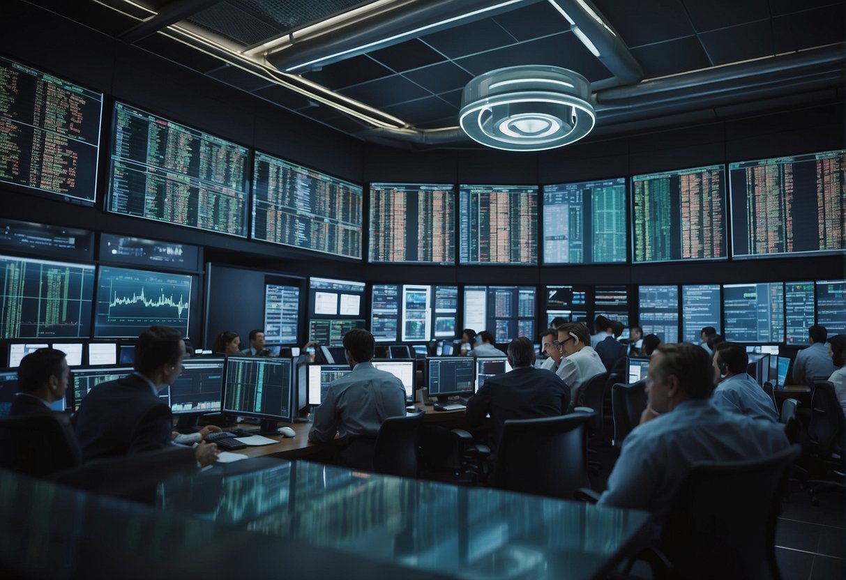 A bustling trading floor with real-time compliance monitors and traders navigating regulations. Screens display market data and compliance alerts