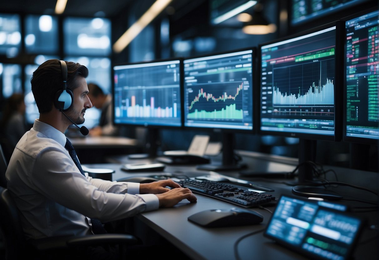 A bustling post-trade market with real-time compliance technology impacting transactions and trends. Data streams and digital interfaces illustrate the future outlook