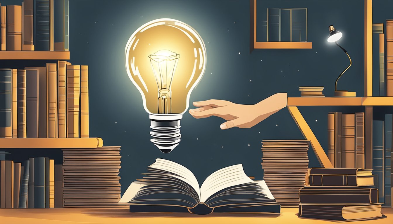 A hand reaching for a glowing light bulb, surrounded by books and a reflective surface, symbolizing practical application and deep reflection