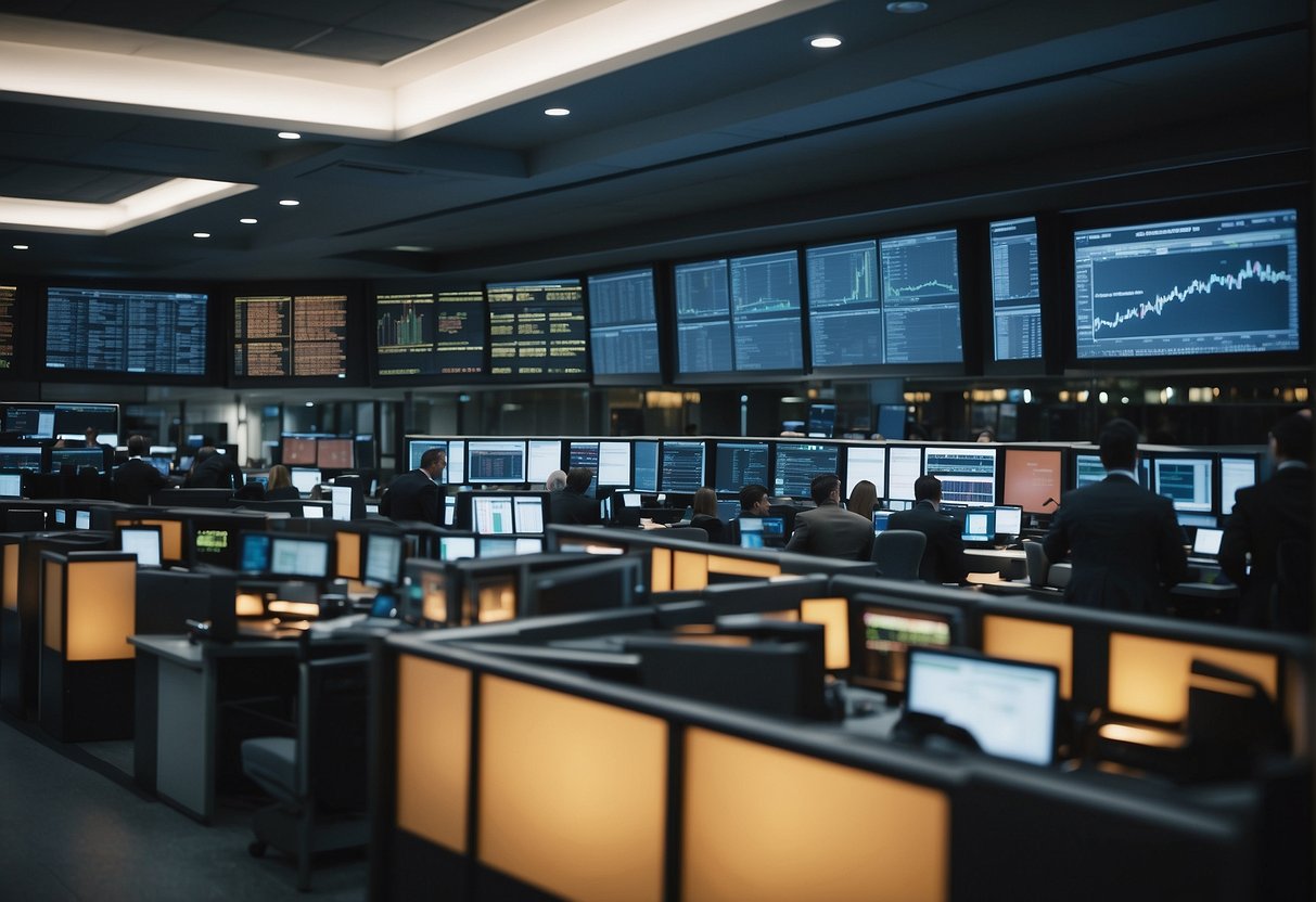 A bustling commodity trading floor with traders using API-first post-trade systems, navigating complex regulatory landscapes