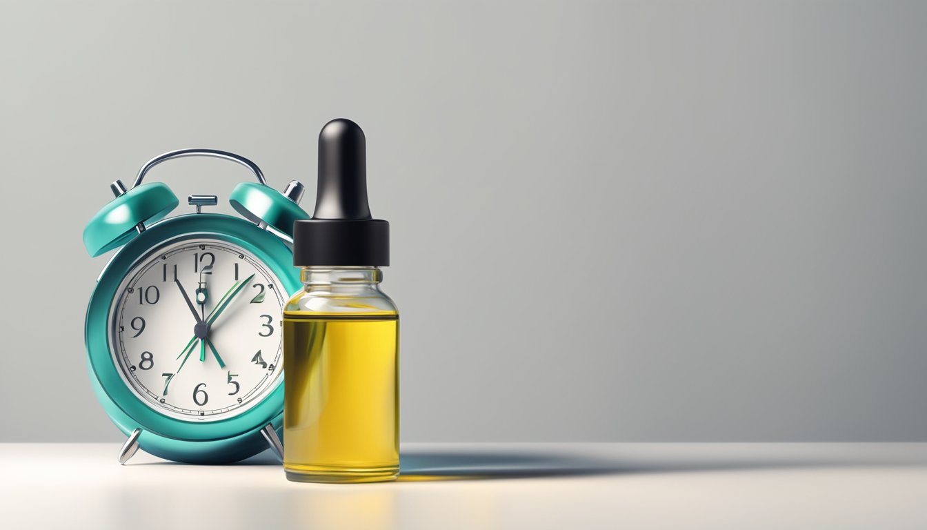 A bottle of CBD oil sits on a clean, white surface. A clock in the background shows the passage of time