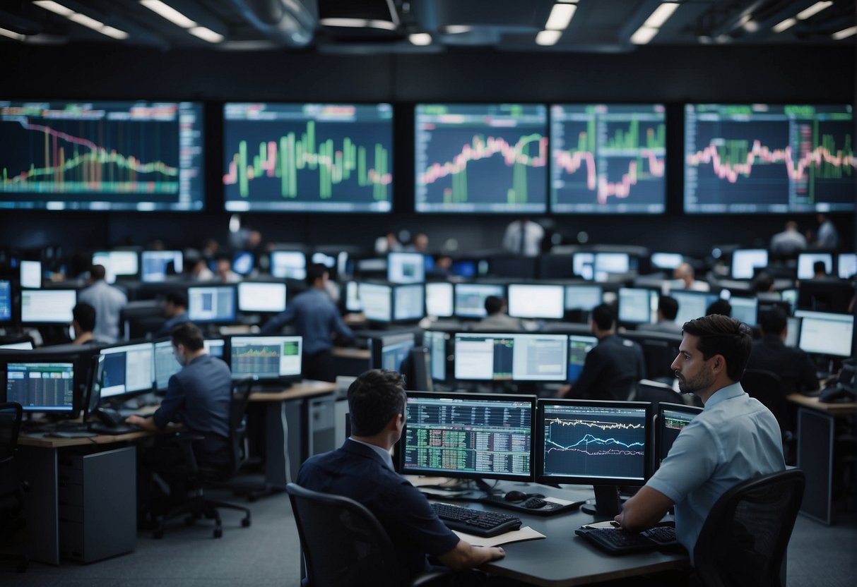 A bustling trading floor with digital screens displaying real-time market data and regulatory compliance charts. Automated systems execute trades swiftly