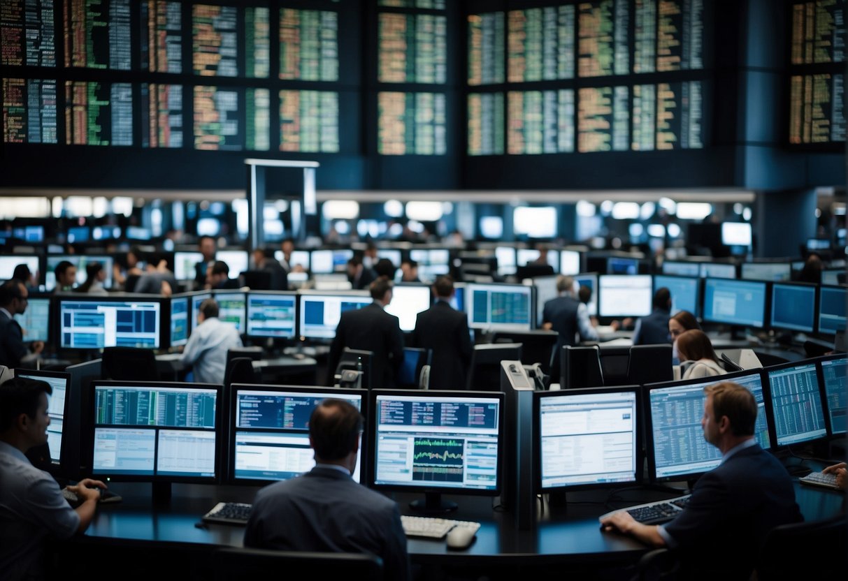 A bustling trading floor with digital screens displaying commodity prices, traders analyzing risk management tools, and regulatory documents being processed through API-first post-trade systems