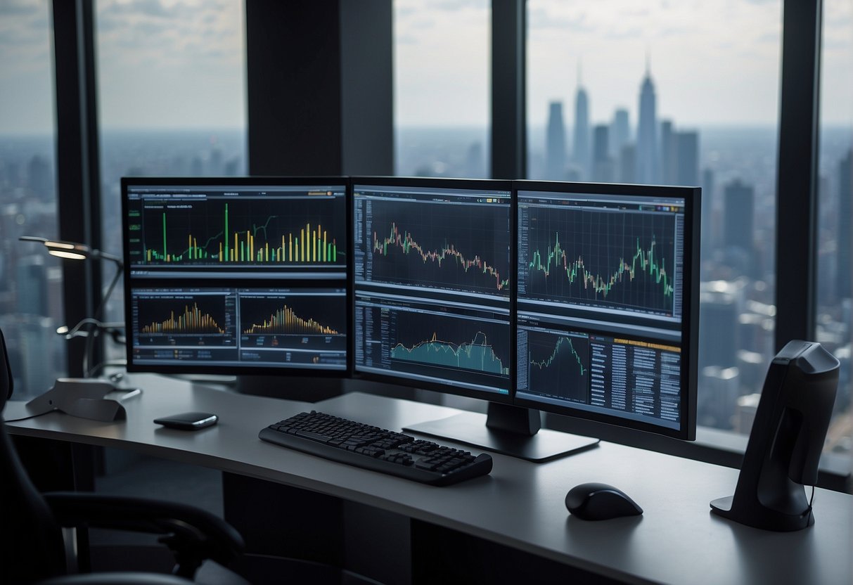 A computer screen displaying a complex trading interface with various charts, graphs, and data feeds. A sleek, modern office setting with a view of a city skyline in the background