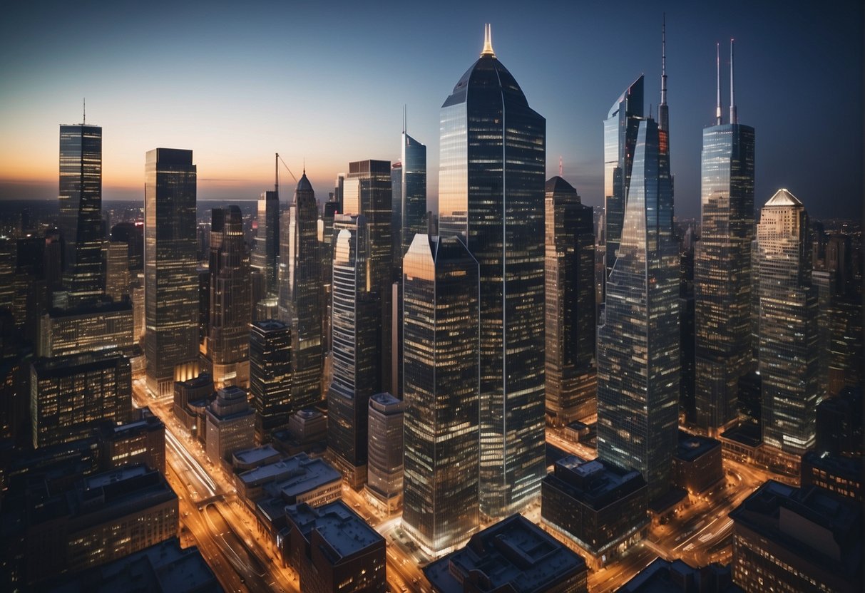 A bustling financial district with modern skyscrapers, where data flows seamlessly through interconnected post-trade systems, while regulatory guidelines are integrated through cutting-edge API technology