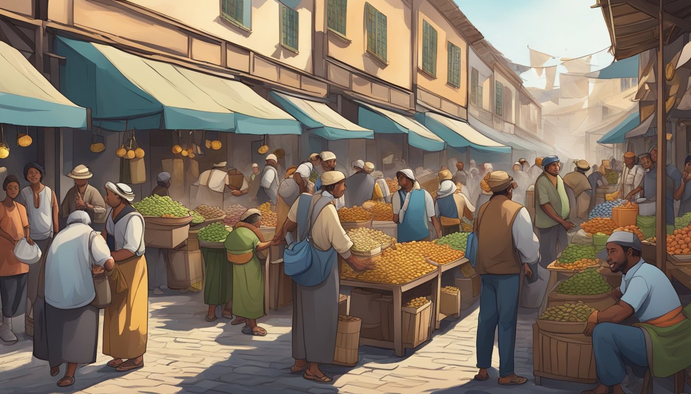 A bustling marketplace with vendors selling goods, people chatting and haggling, and the sound of clinking coins