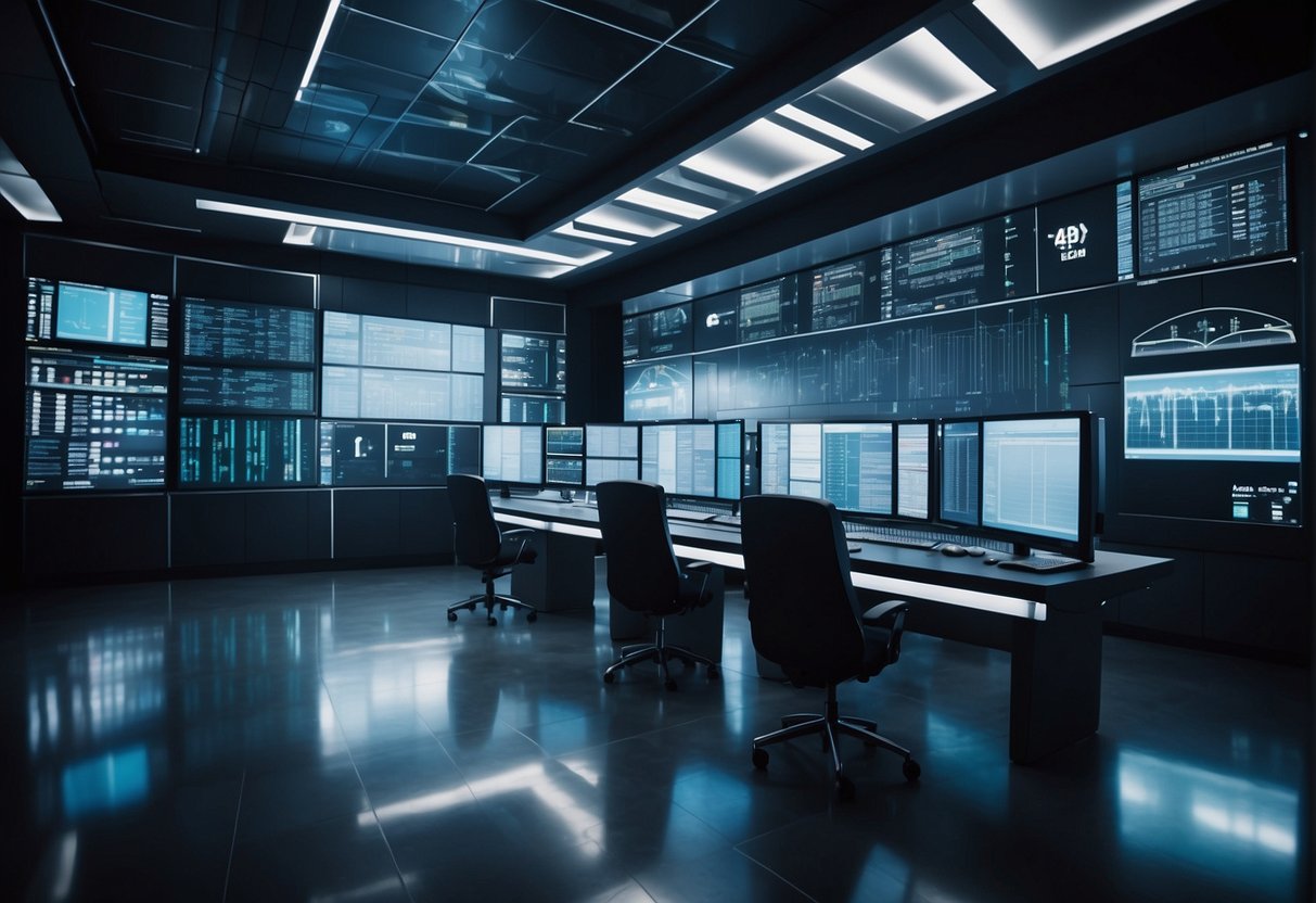 A futuristic trading floor with automated systems and digital interfaces, showcasing seamless CSDR compliance in post-trade operations
