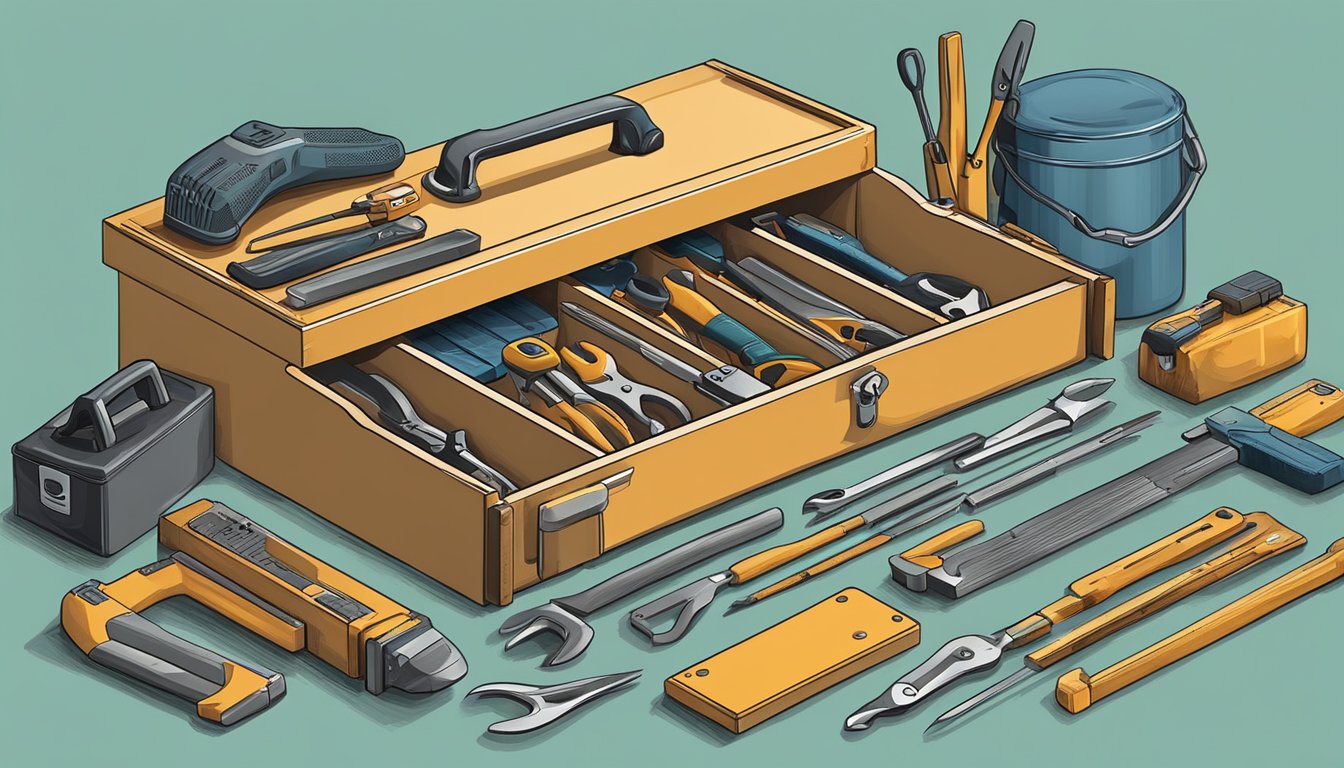A hand reaching for a toolbox on a workbench, with various tools and equipment neatly organized around it