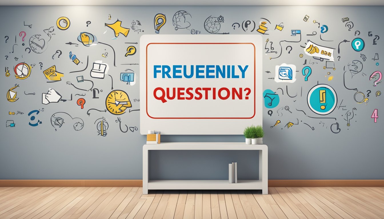 A large sign with "Frequently Asked Questions 1021 Bedeutung" displayed prominently on a wall, surrounded by various question marks and symbols