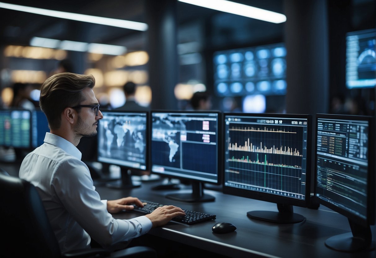 A futuristic trading floor with advanced technology monitoring CSDR compliance in post-trade transactions. Screens display real-time data and algorithms analyze market activity