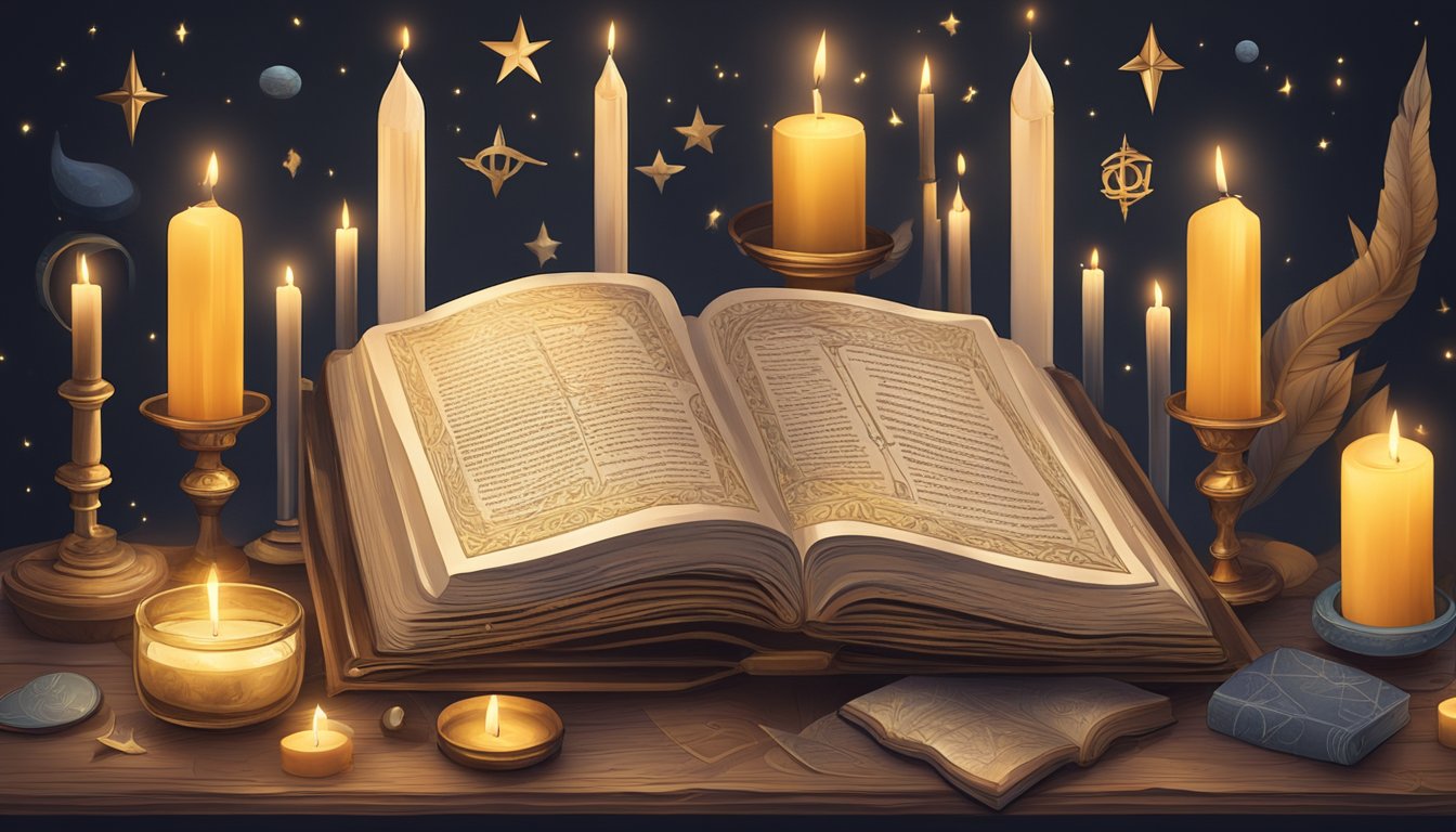 A mystical book open on a table, surrounded by candles and ancient symbols