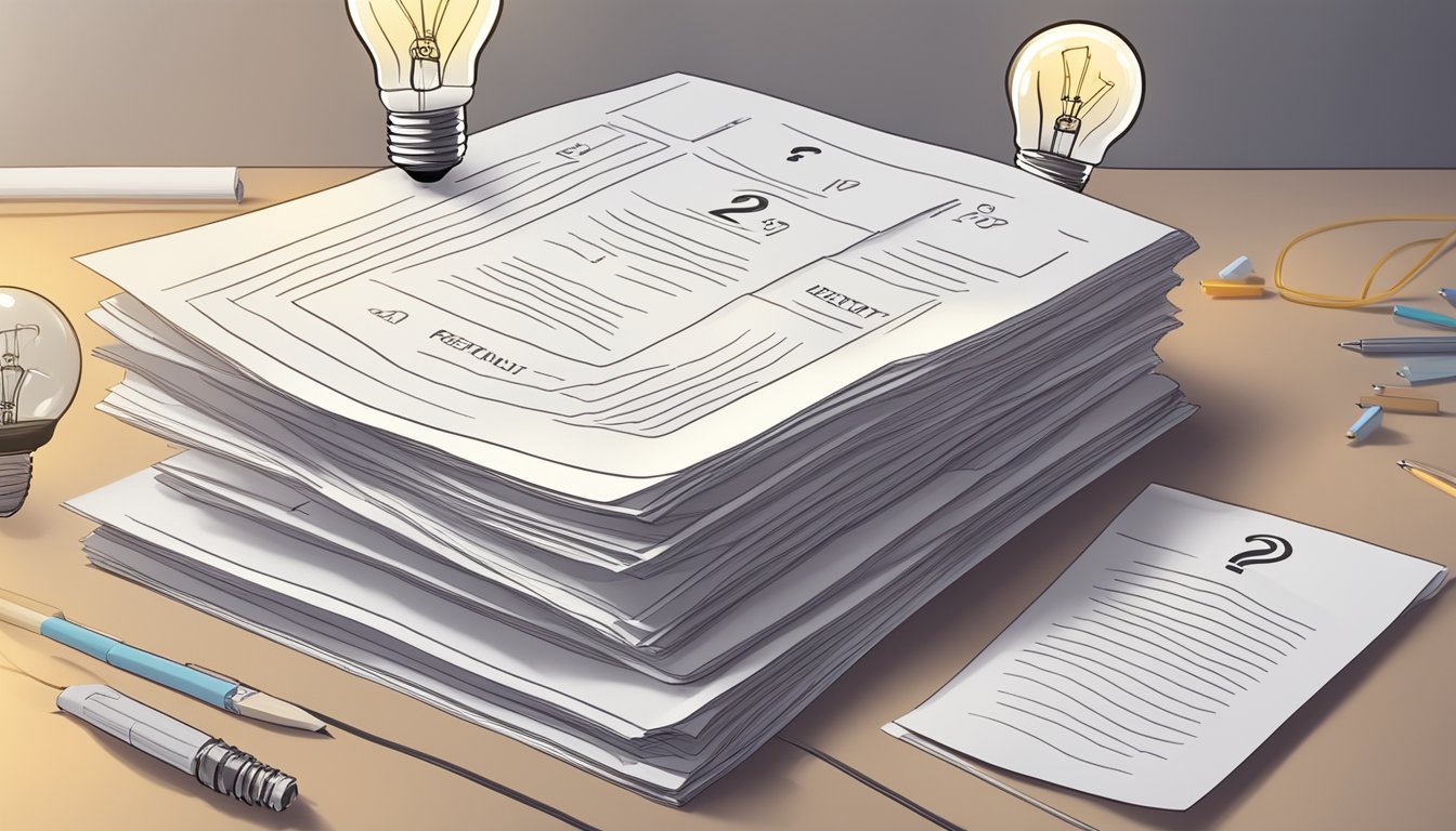 A stack of papers with "Frequently Asked Questions 1027 Bedeutung" printed on top, surrounded by question marks and a light bulb