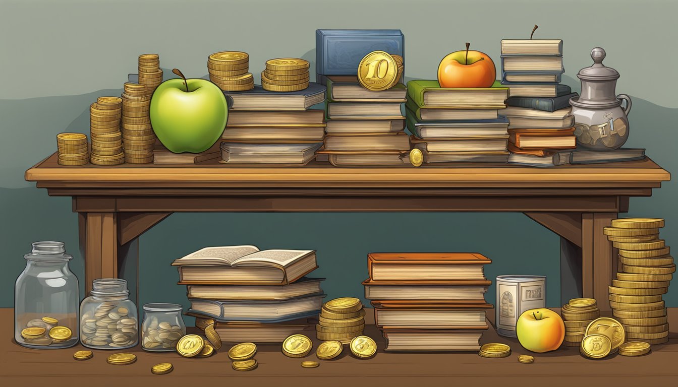 A table with the number 107 repeated in various practical contexts, such as 107 apples, 107 books, and 107 coins
