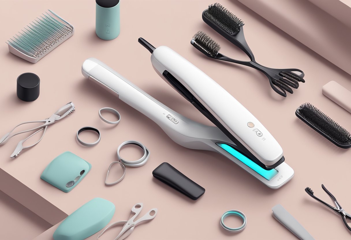 A hand holds the Tymo Ring Hair Straightener, with sleek, modern design and LED display, surrounded by hair styling tools
