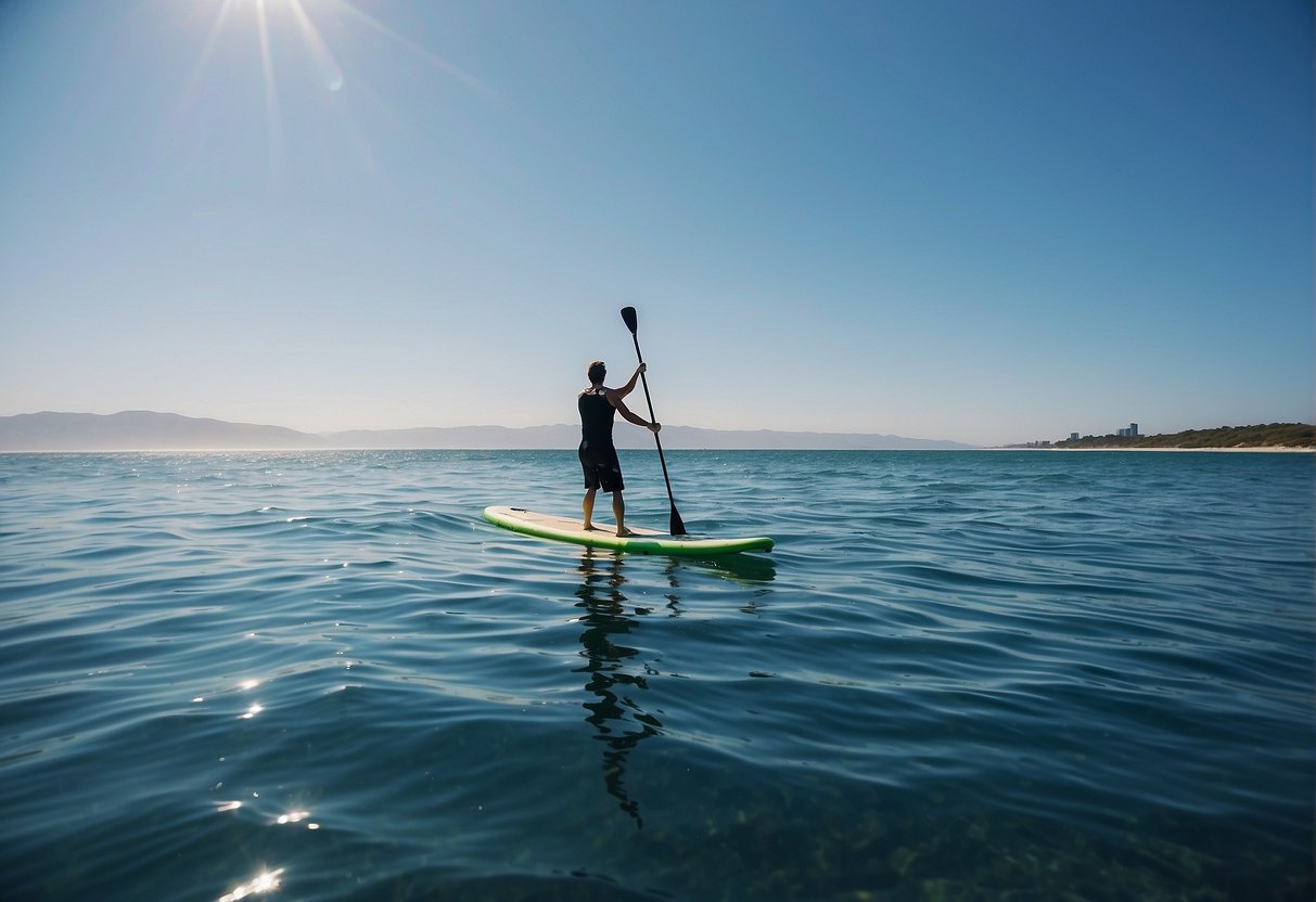 A tranquil ocean scene with a Body Glove paddle board gliding on the water, surrounded by gentle waves and a clear blue sky above