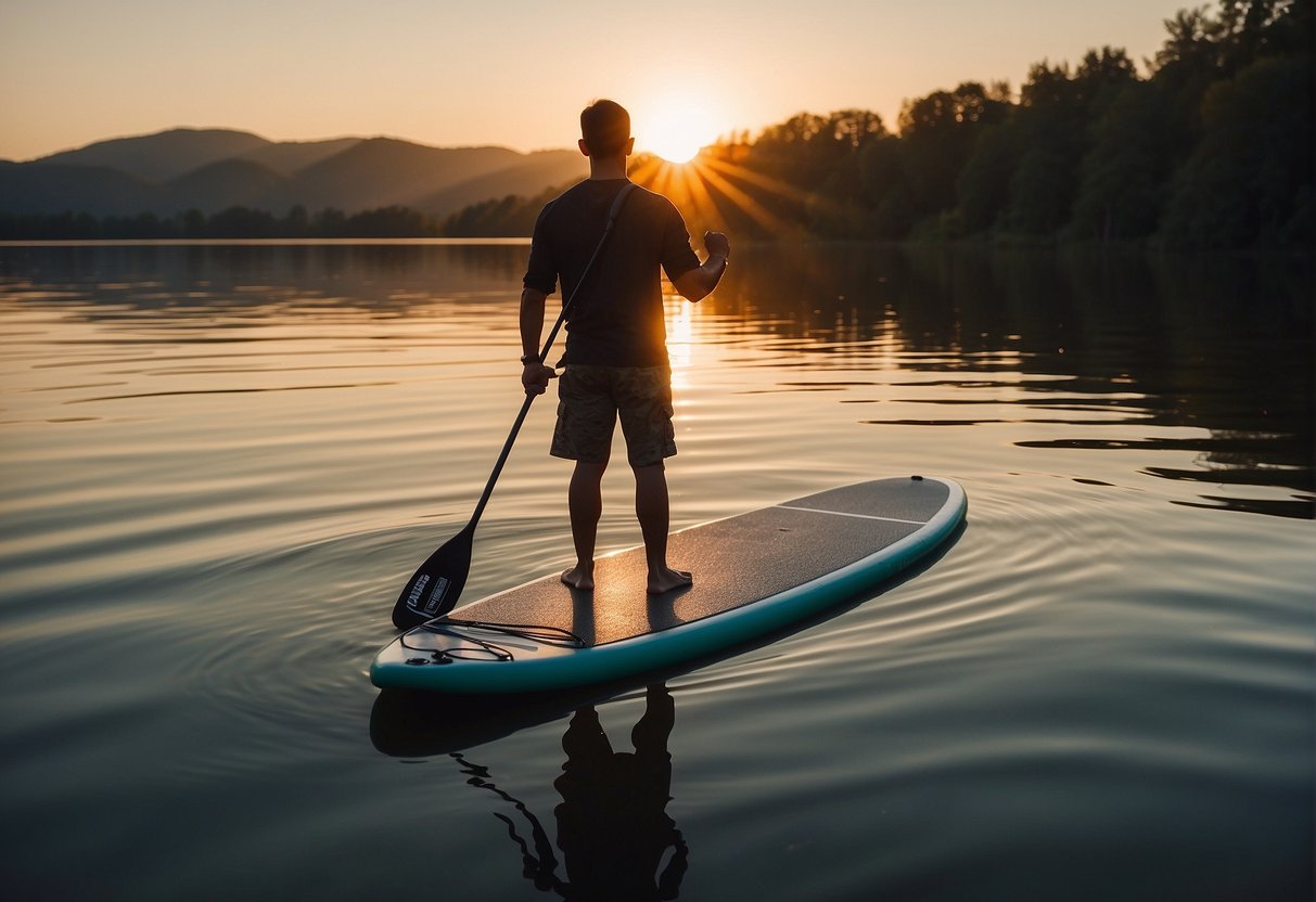 A person stands on a calm, glassy lake, holding a Body Glove paddle board. The sun is setting, casting a warm glow on the water