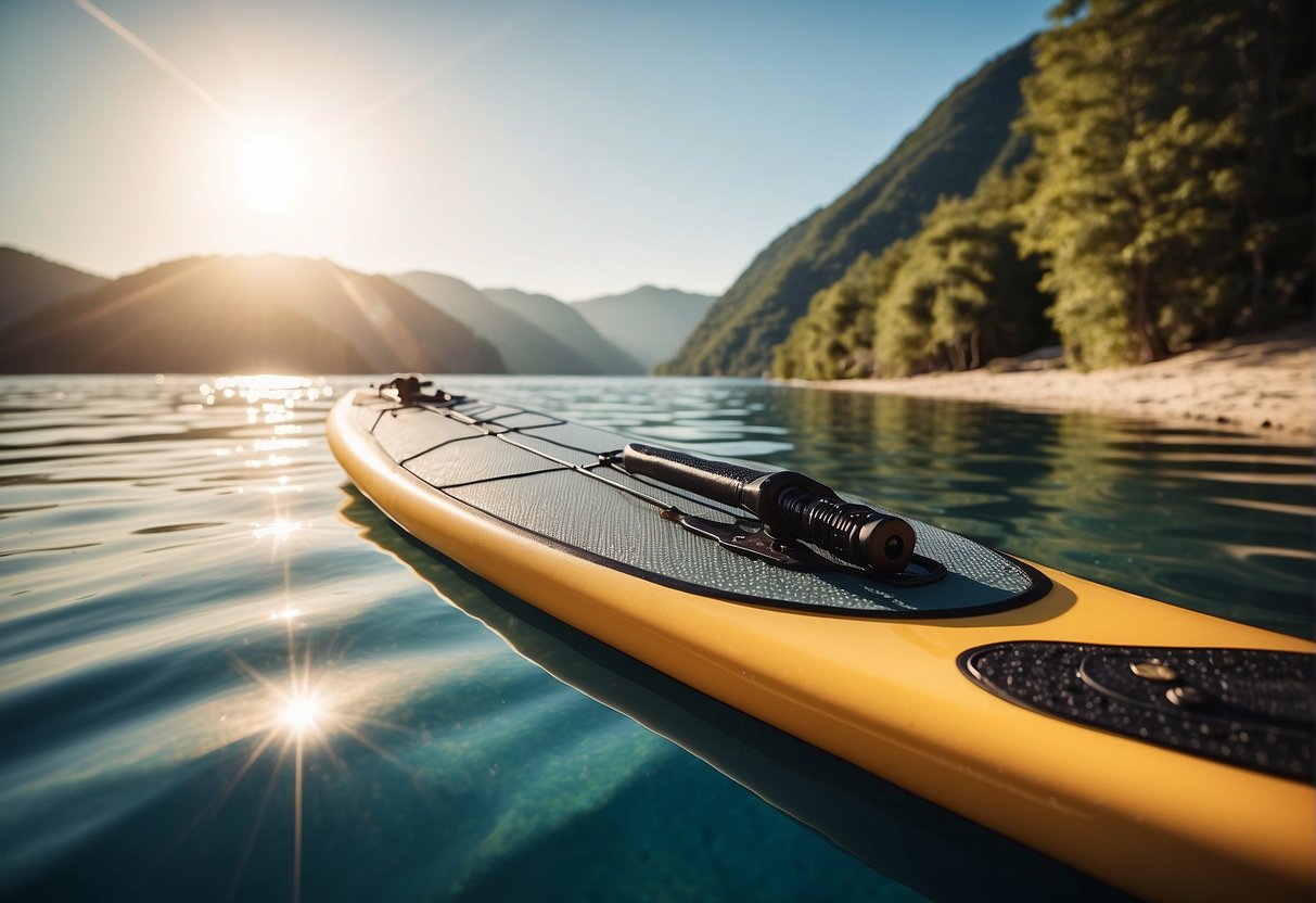 A paddle board with accessories and upgrades, such as a body glove, is displayed against a backdrop of calm, crystal-clear water and a bright, sunny sky