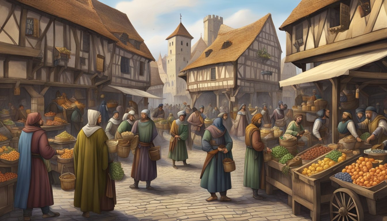 A bustling medieval market with merchants selling goods and people going about their daily activities in 1225