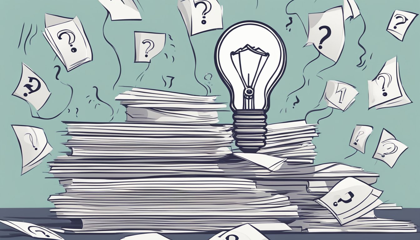 A stack of papers with "Frequently Asked Questions 137 Bedeutung" printed on top, surrounded by question marks and a lightbulb symbol