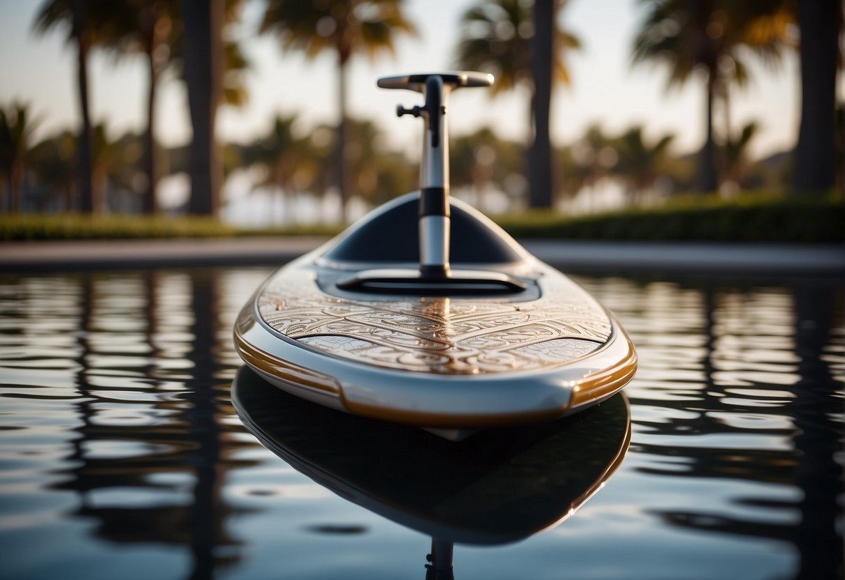 A sleek, modern paddle board with intricate designs and expert craftsmanship, set against a backdrop of a luxurious, high society setting