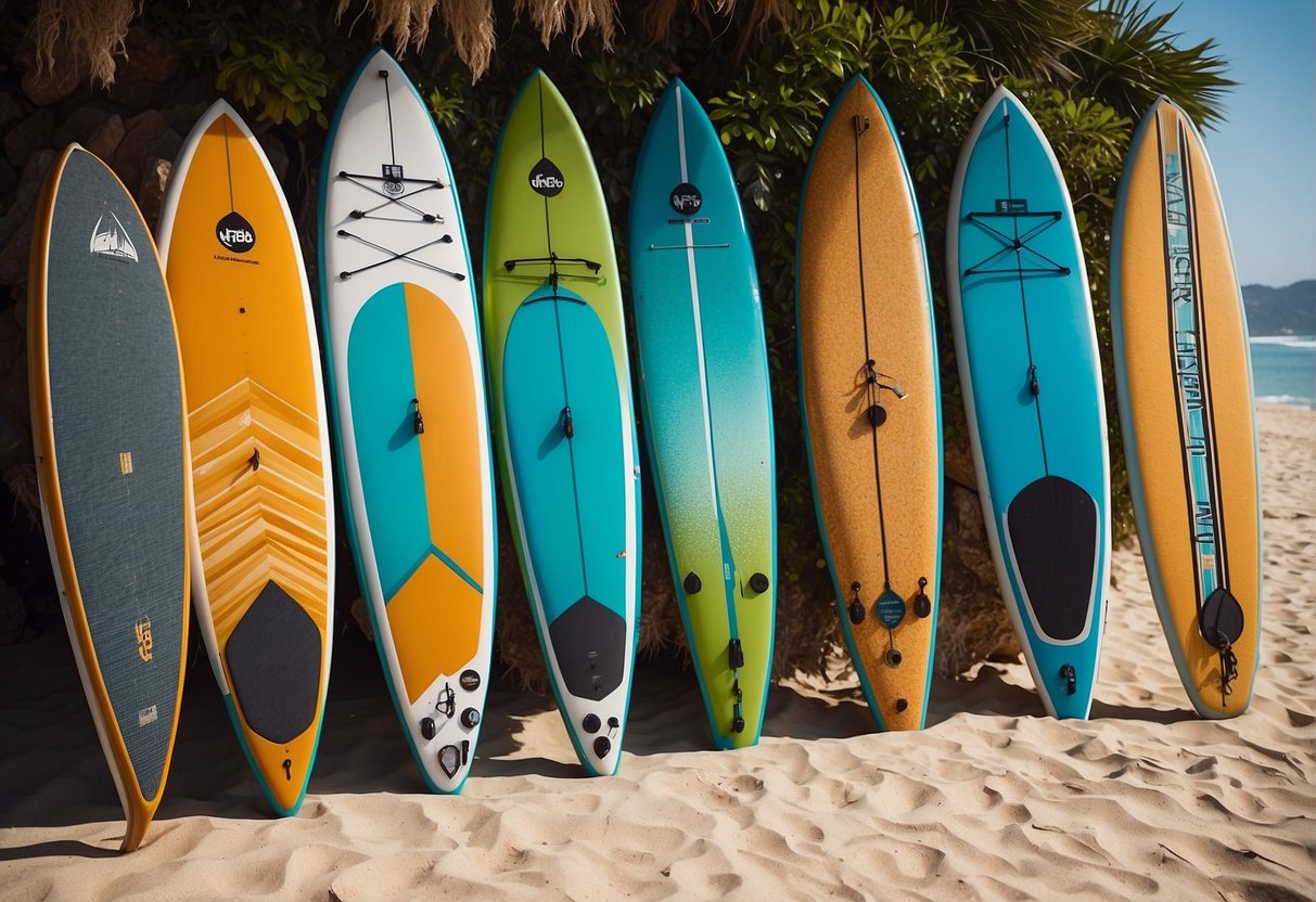 A group of high-end paddle boards displayed on a beach, each with unique designs and features. Some boards are sleek and modern, while others have a more vintage, classic look