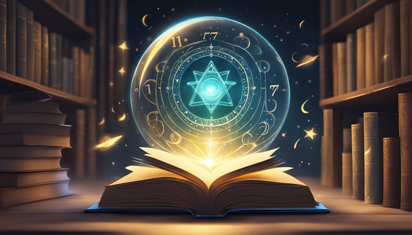A glowing orb hovers above a book with the numbers 1777, surrounded by mystical symbols and swirling energy