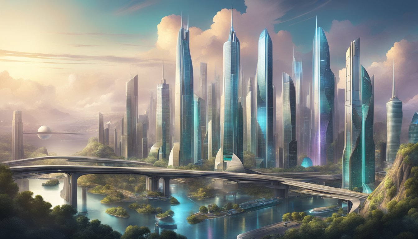 A futuristic cityscape with towering skyscrapers and advanced technology, symbolizing career and personal growth in 2111